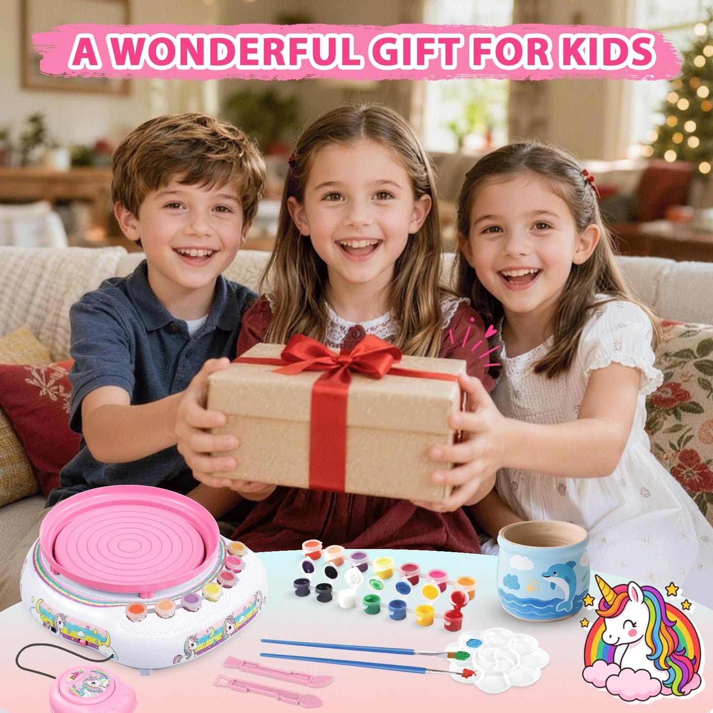 Pottery Wheel for Kids, Arts & Crafts Pottery Painting Toys Kit for Kids Ages 8-12, Unicorn Art Supplies with 3 Pack Air Dry Clay and Tools, Birthday Easter Gift for Girls Boys 6 7 8 9 10 11 12