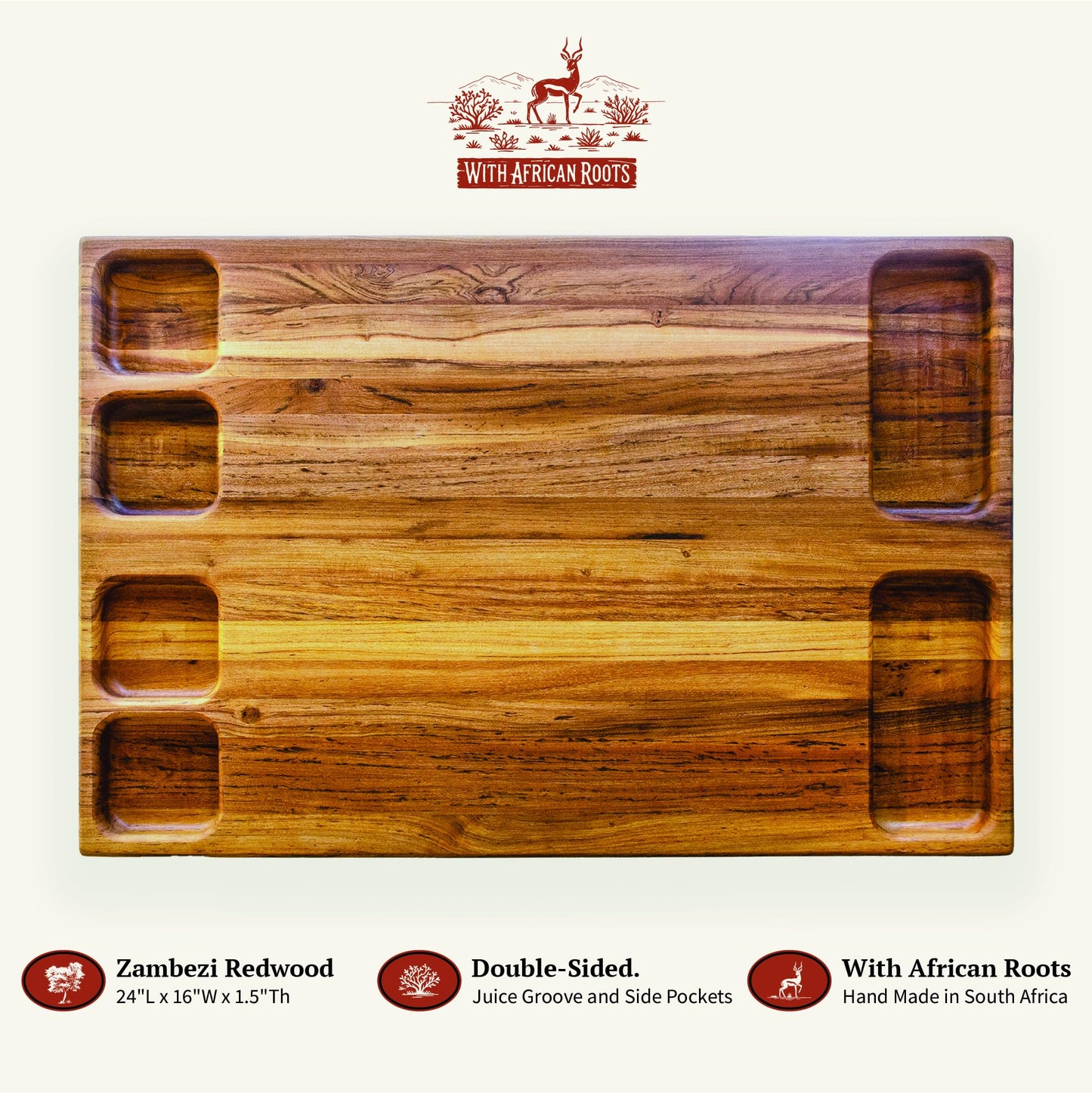 With African Roots – Zambezi Redwood Cutting Board, Handcrafted, Double-Sided with Juice Groove & Side Pockets, Extra Large (24 x 16 x 1.5 in), Made in South Africa