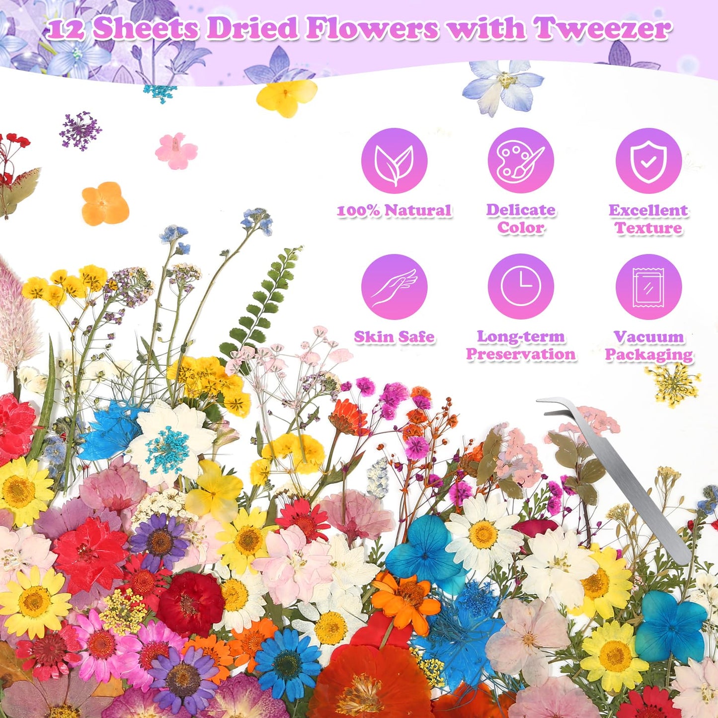 300 Pcs Pressed Dried Flowers with Butterfly Stickers for Crafts, Real Pressed Wildflowers Dry Leaves Bulk with Tweezer for Resin Jewelry Molds, Candle Soap Making, Scrapbook, Bookmark, Nails Decor