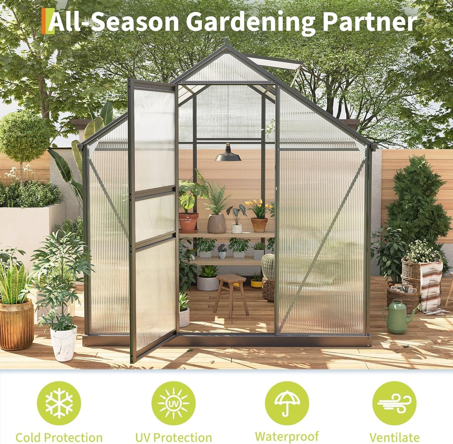 Greenhouse Sturdy Polycarbonate Walk-in Green House of Aluminum Frame w/ Roof Vent & Wind Resistance for Garden Backyard, Quick Setup, 8 ft x 6 ft