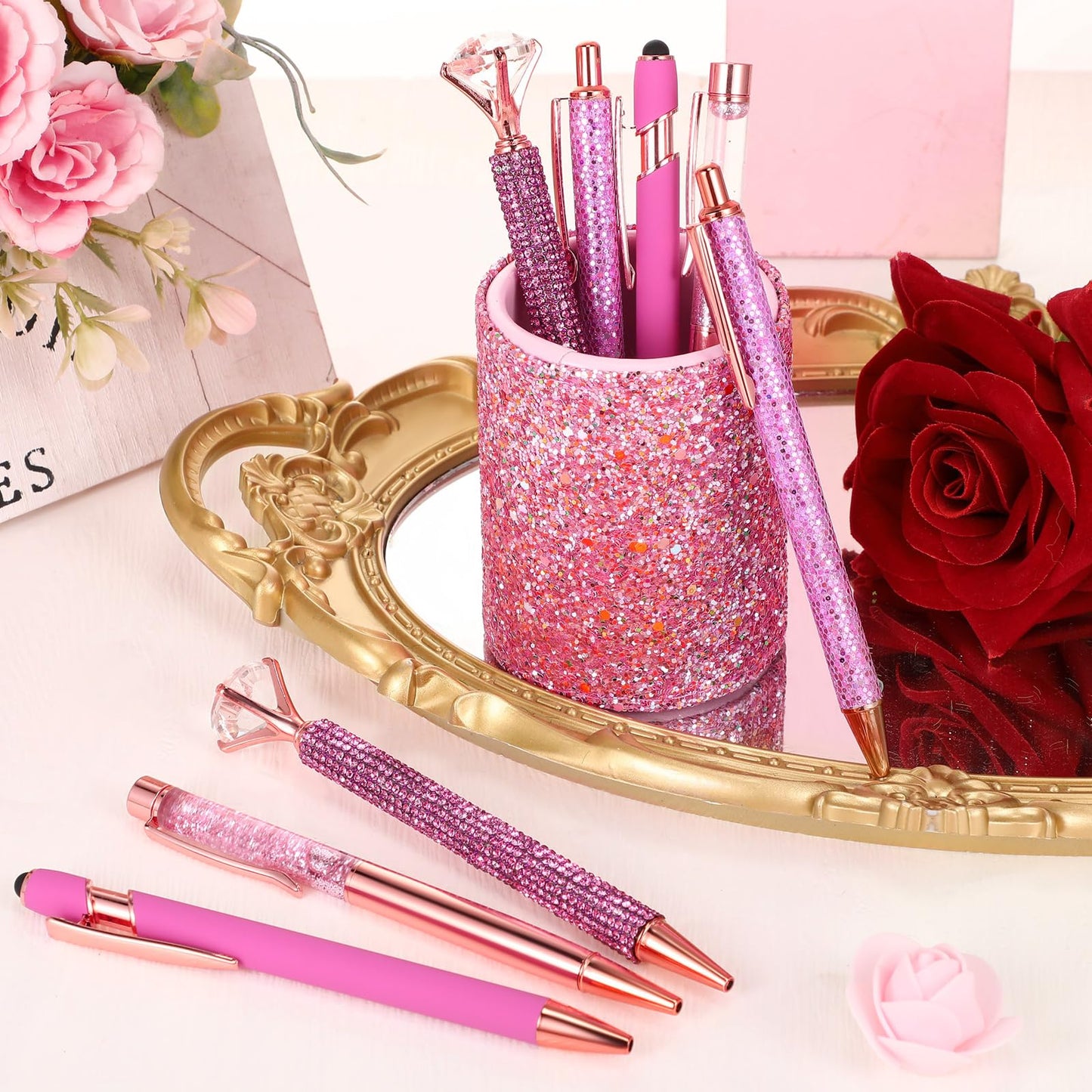 Sabary 8 Pcs Shiny Pink Pens with Pen Holder for Desk Glitter Crystal Diamond Cute Ballpoint Fancy Pencil Holder Bling Desk Organizer for Women Girls School Office Supplies Wedding Graduation Gifts