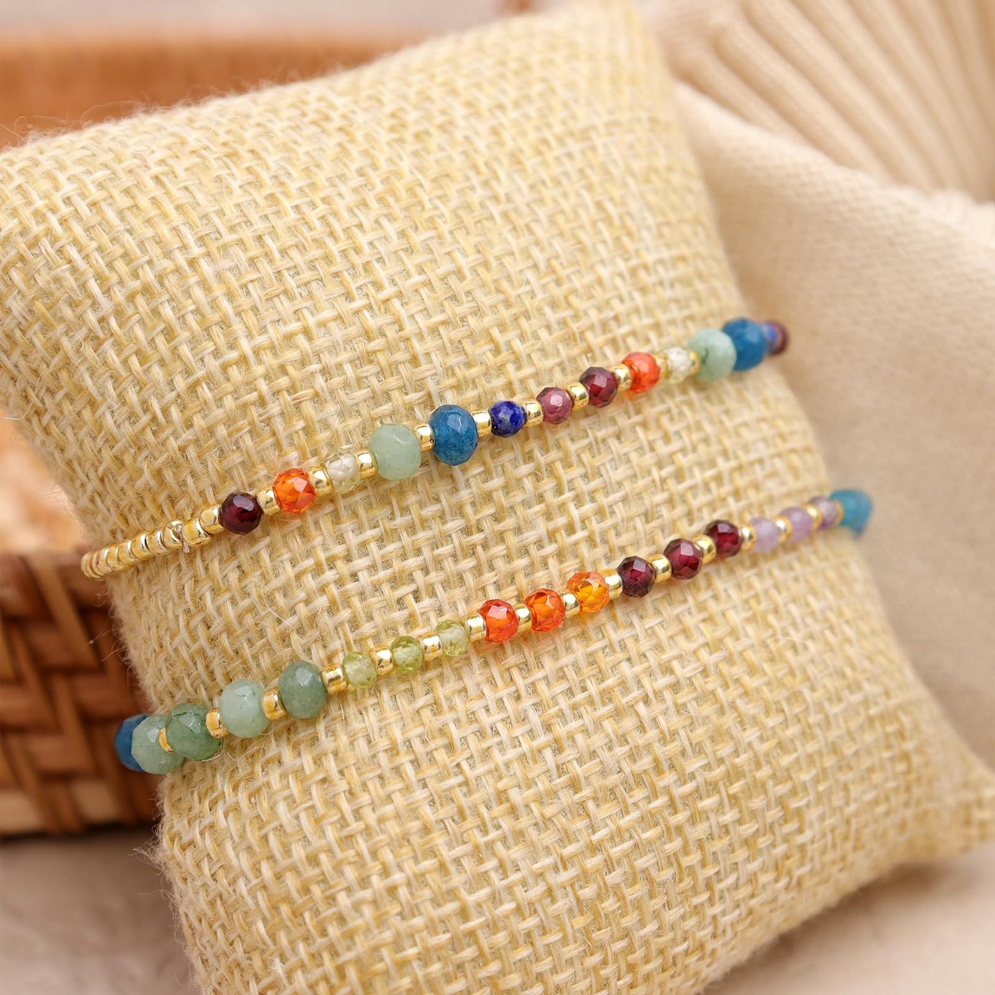 BXDA Gemstone Gold Beaded Stack Bracelets Set for Women, 2Pcs Colorful Boho Handmade Rainbow Chakra Natural Stone Stretch Stackable Bracelet Prom Holiday Jewelry Gift.