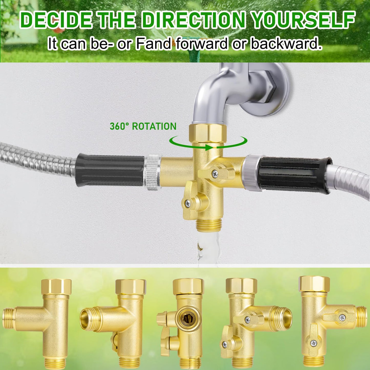 Breezliy Heavy Duty Metal 2 Way Type Garden Hose Splitter,3/4" 1.6MPa High Flow Spigot Faucet Connectors,with Shut-Off Valves, Comfort Grip,with washers&tape