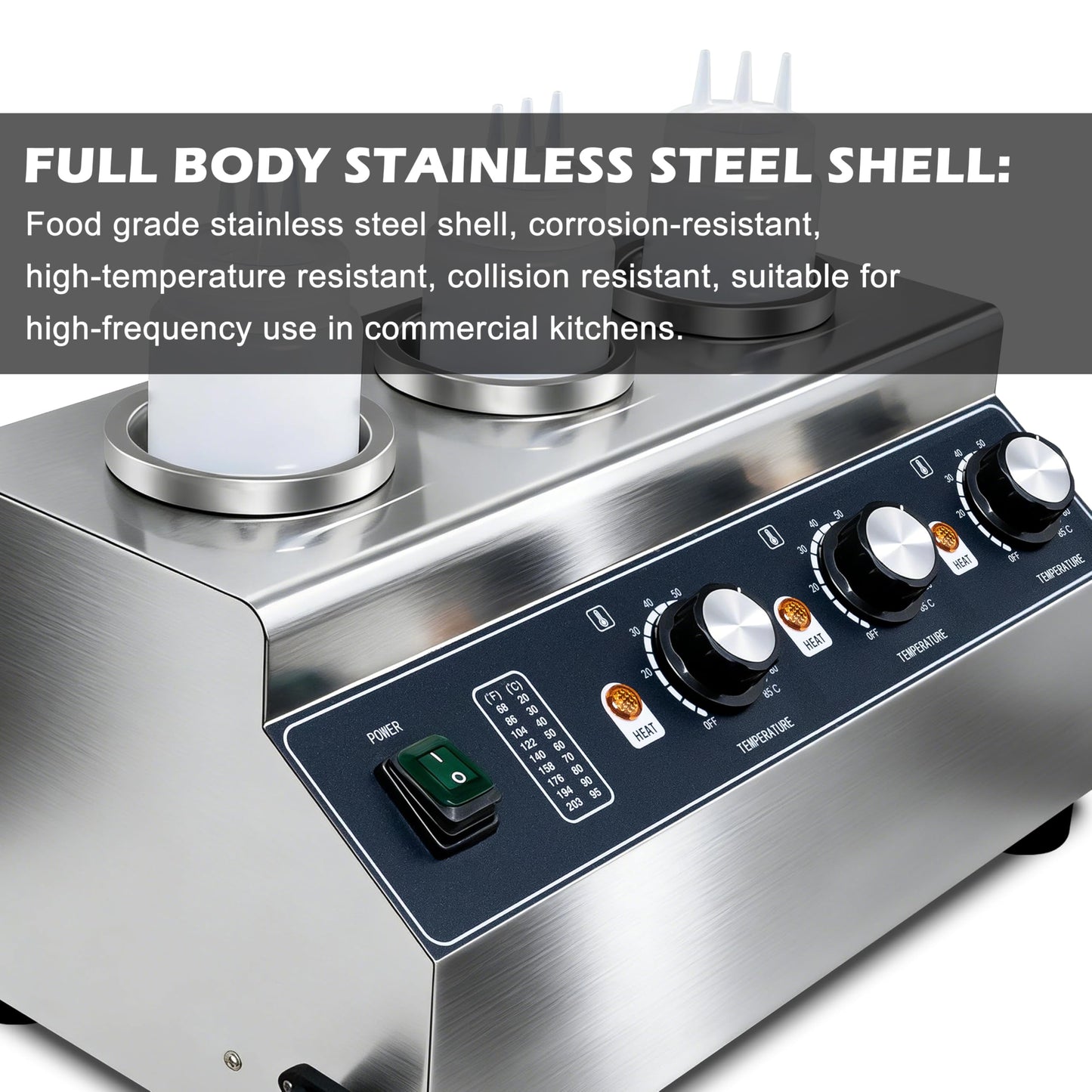 Premium Sauce Warmer - 3-Station 160W Commercial-Grade Condiment Warmer with Independent Temperature Control, Stainless Steel