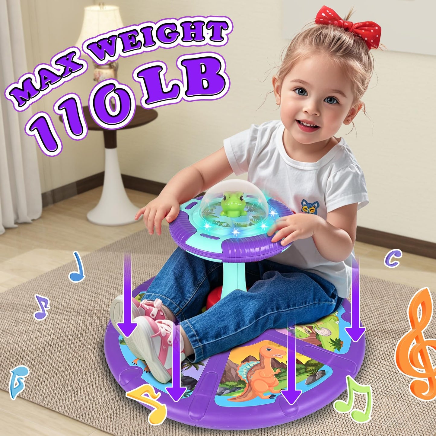 Dinosaur Sit and Spin Toy for Toddlers 1-3 3-5 360°Spinning Toys Birthday Gift for Girls Boys, Stress Relief Exercise Toys Sit n Spin Toys for 2-4 Toddlers with LED & Music Early Development Toy