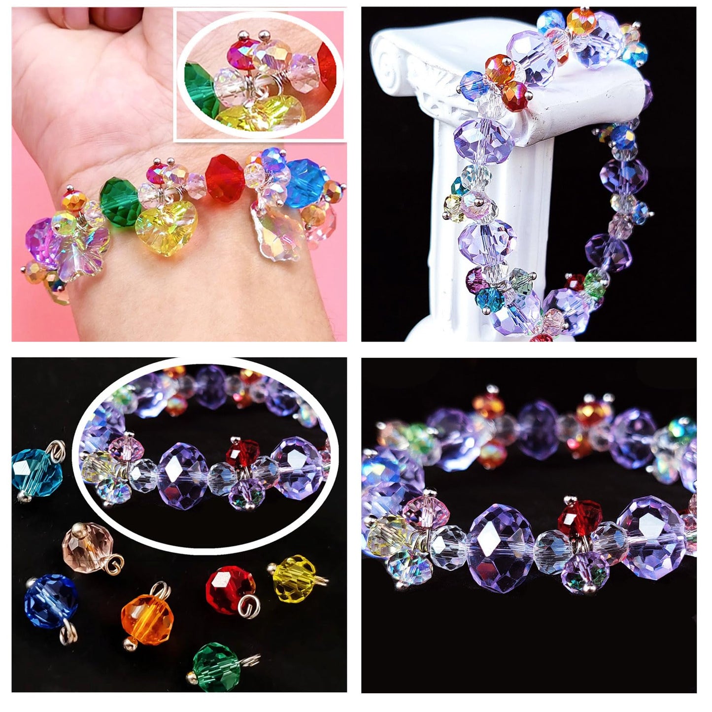 CrzBeadss 780Pcs Briolette Glass Beads for Jewelry Making, 3/4/6/8/10mm Faceted Crystal Loose Beads Bulk for Bracelets, Earrings, Wind Chimes, Suncatcher, Curtains, Peacock Green AB Color
