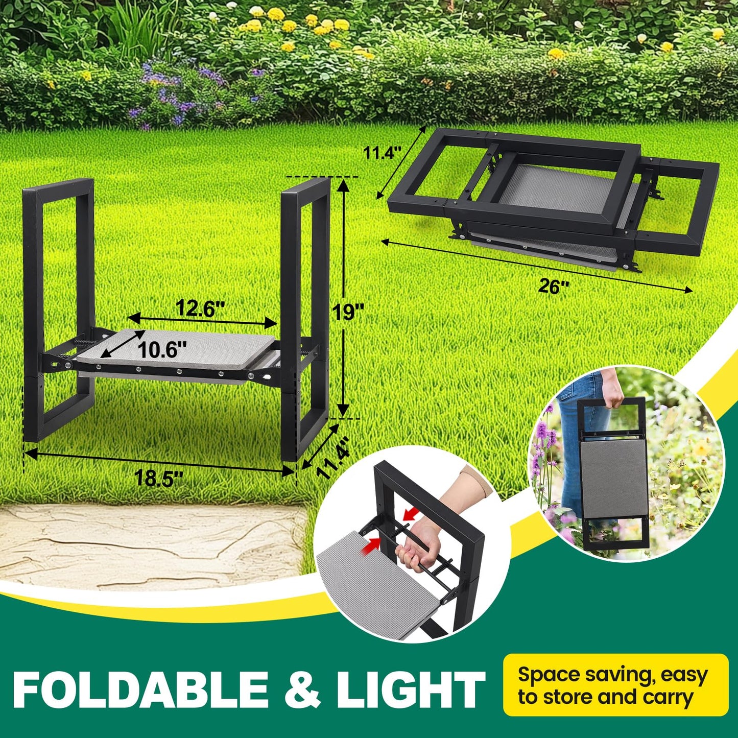 DIOVPLX Garden Kneeler and Seat - Heavy Duty Folding Garden Stool with Handles, Stable Kneeling Device Bench Chair Gardening Tools Gifts for Women Men Seniors Gardeners Outdoor Weeding Planting