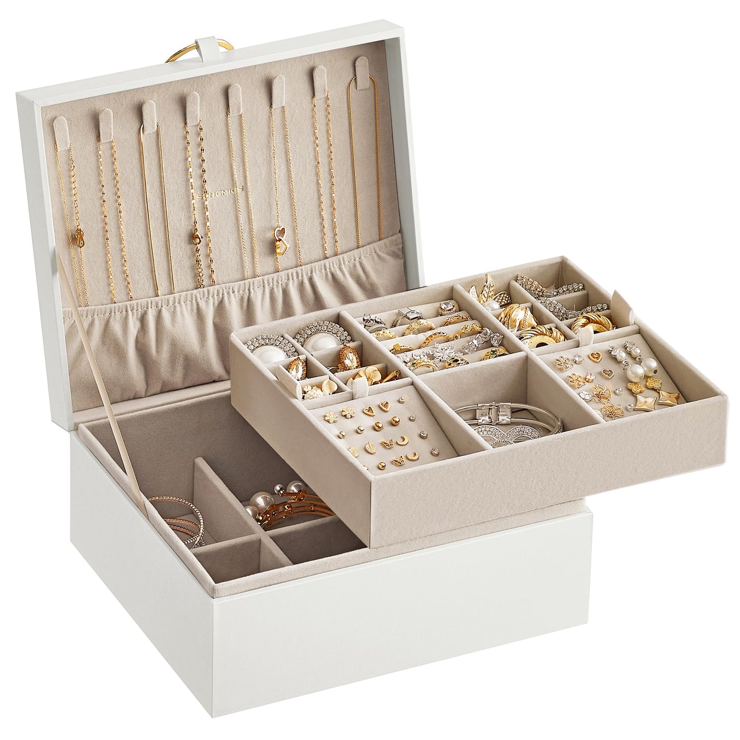 SONGMICS 2-Layer Jewelry Box, Jewelry Organizer with Handle, Removable Jewelry Tray, Jewelry Storage, Floating Effect, 8.1 x 9.4 x 4.3 Inches, Gift Idea, White UJBC165W01