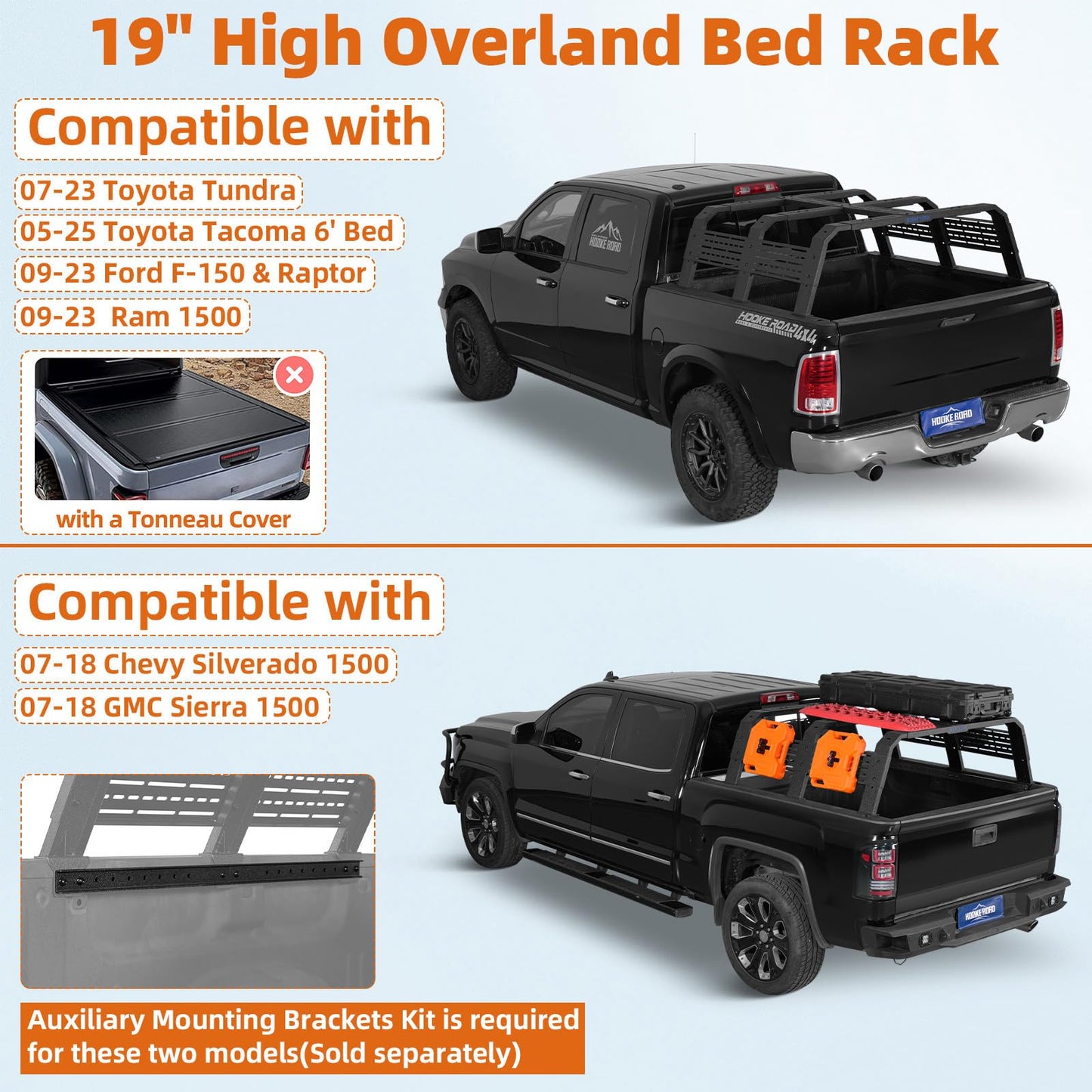 Hooke Road Overland Truck Bed Rack for Ford F-150 & Raptor, Toyota Tundra, Tacoma 6' Bed, Silverado 1500 & Sierra 1500, Ram 1500-19" High 55" Length for Full-Size Trucks