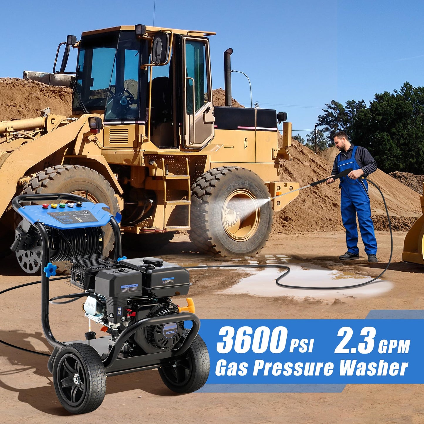 Ezasin Gas Pressure Washer 3600 PSI, 2.3 GPM Heavy Duty High Power Washer,212CC Engine with 30FT Hose, Axial Aluminum Pump, Soap Tank, Spray Gun and Wand, 5 Quick Connect Nozzle (Blue)