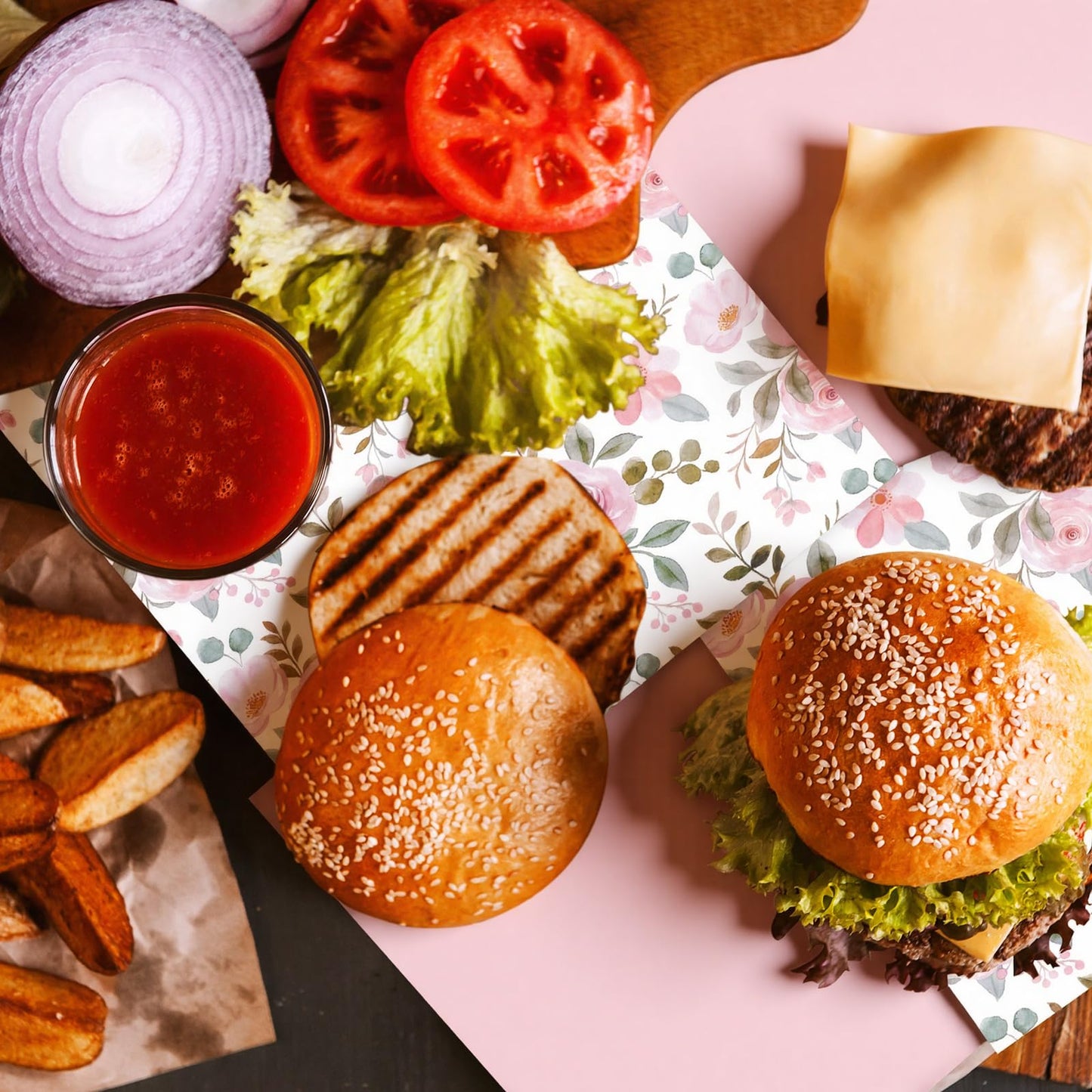 Honeydak 200 Pcs Pink Watercolor Roses Wax Paper Sheets 7 Inch Deli Paper Sheets Floral Food Basket Liners for Sandwich Burger Greaseproof Food Wrapping, Bridal Shower, Wedding, Mother's Day Gift Wrap
