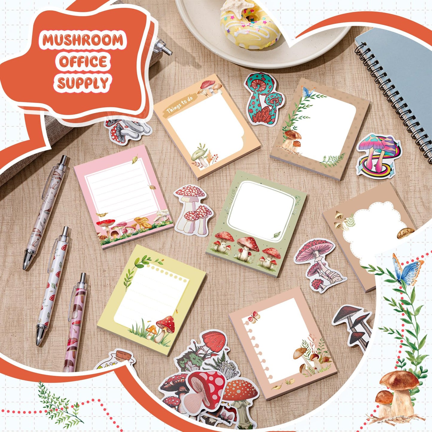 Fuyoooo Mushroom Gifts Set for Women Include Mushroom Ballpoint Pens Sticky Notes Stickers Office Stationery Supplies for Xmas Gifts Theme Birthday Party Favor Decor