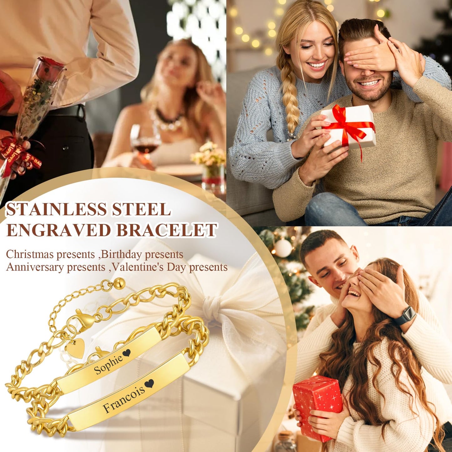 Personalized Matching Bracelet for Couple - Free Engraving Custom Couples Bracelets,Hypoallergenic Adjustable Stainless Steel Long Distance Relationship Jewelry,Promise Bracelet Gifts for Him and Her