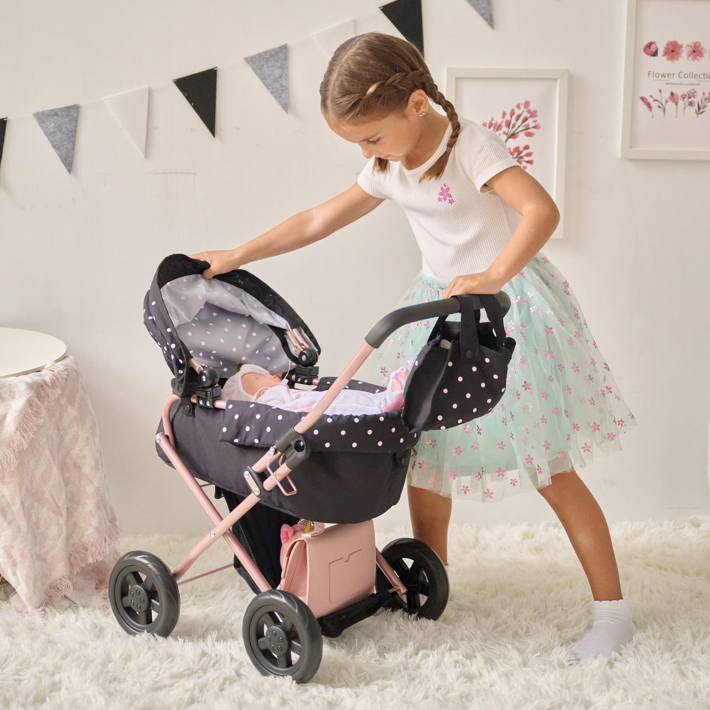 Olivia's Little World Pin Up Foldable Baby Doll Stroller- Classic Style Doll Pram with Retractable Canopy and Storage Basket, Fits 15''-18'' Dolls, Pretend Play Toy for Girls Ages 3-6
