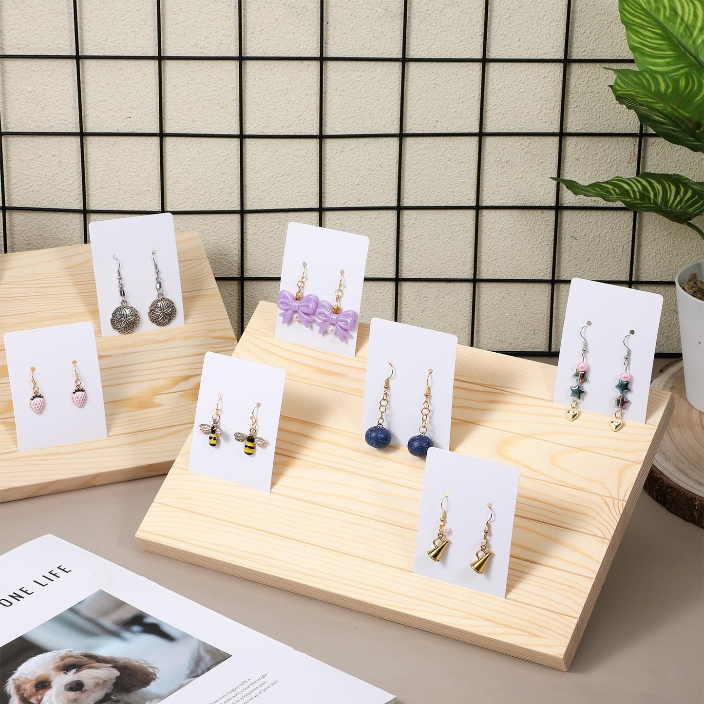 Yuanan 62 PCS Wooden Earring Holder, 6 Slot Wood Earring Display Stand with Cards Portable Earrings Stand Jewelry Stands for Selling Jewelry Retail Displays for Small Jewelrys Ring Earrings Cards
