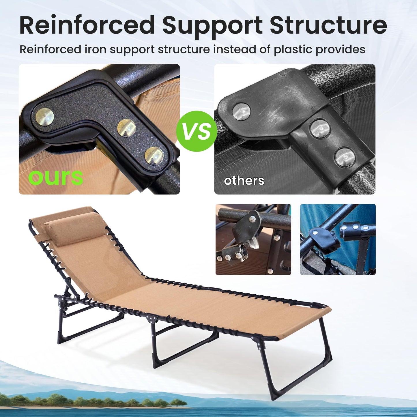 Foristrail 2 Pack Folding Chaise Lounge Chair 5-Position Adjustable Outdoor Recliner 400LB Capacity Portable Patio Camping Beach Pool Sunbathing Lounger with Pillow, Light Beige