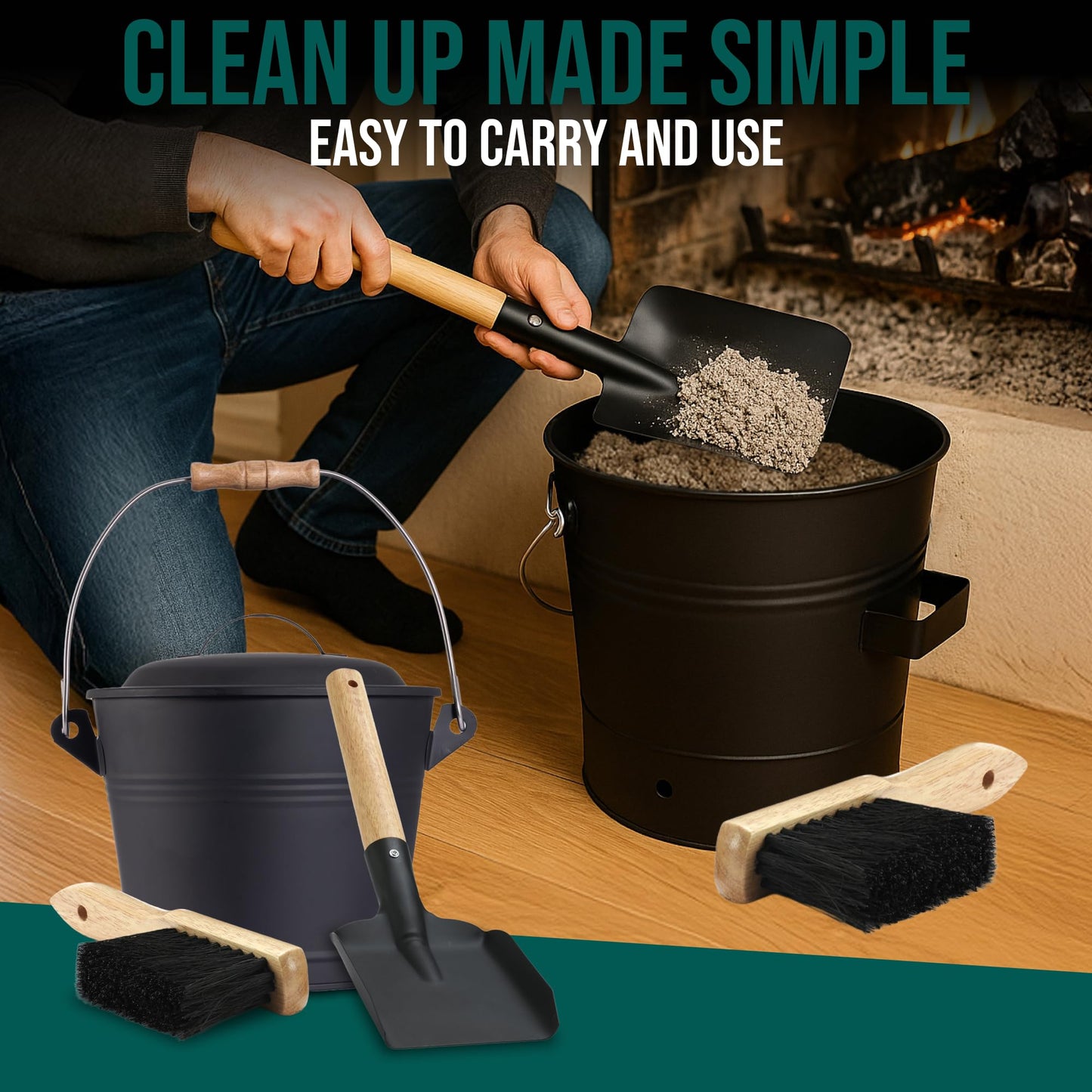 Smedley & York Mini Ash Bucket with Lid, Includes Fireplace Tools, Pail, Shovel and Broom, 1.5 Gallon Charcoal Metal Bucket with Lid, Coal Bucket and Ash Can, Galvanized Iron Ash Bucket for Fireplace
