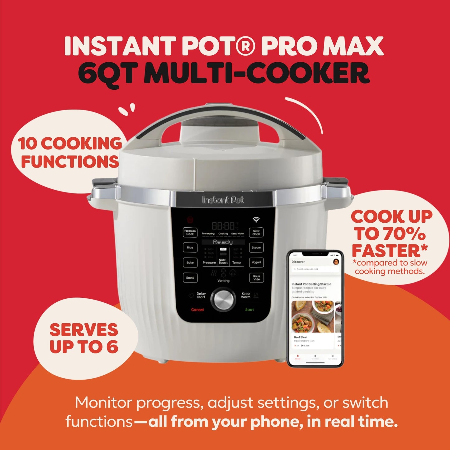 Instant Pot PRO Max Wi-Fi Smart 10-in-1 Pressure Cooker, Steamer, Saute, Warmer, Rice Cooker, Yogurt Maker, Sous Vide, Baker, NutriBoost - Includes App with 2000+ Recipes - 6 Quart