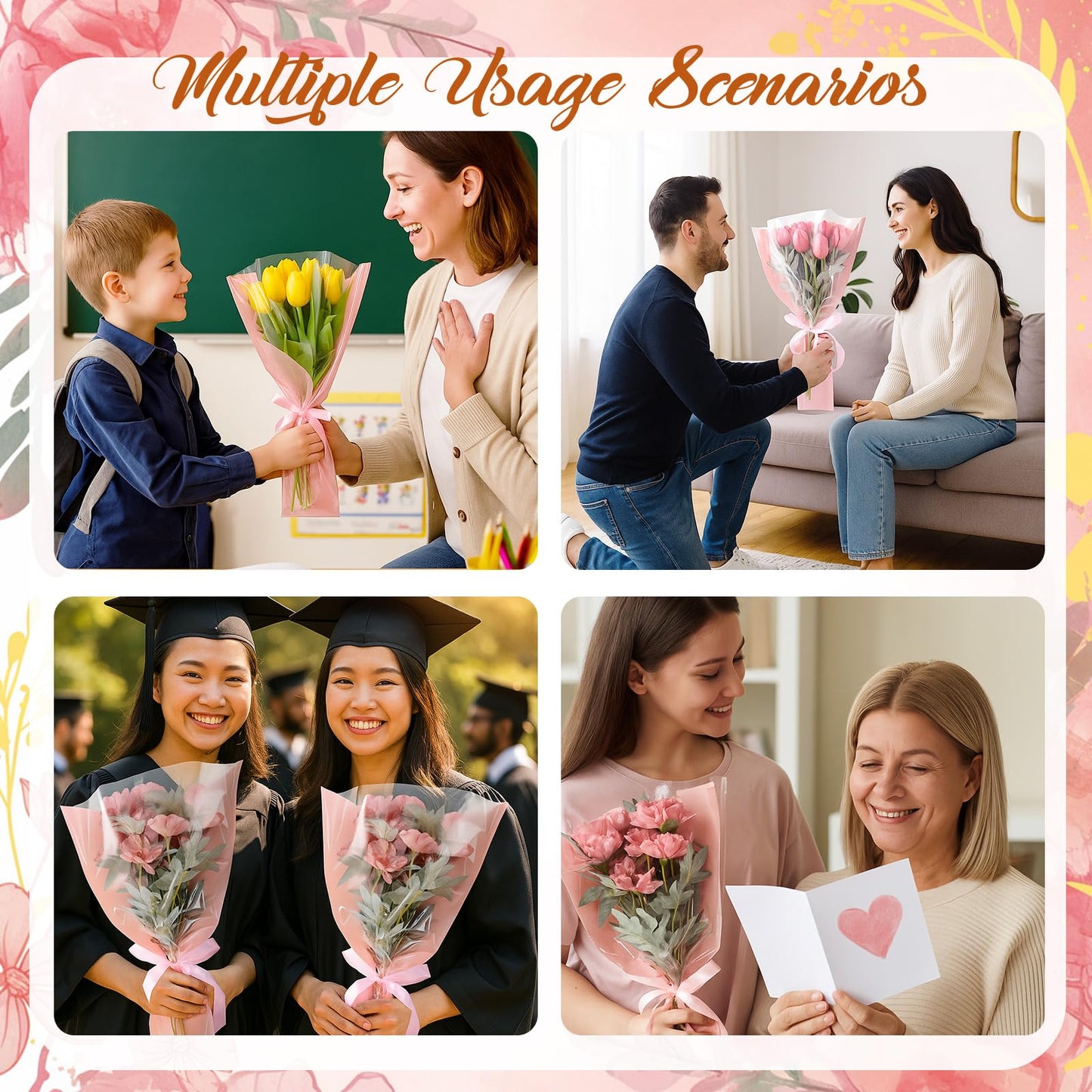 Fullhawl 100 Pcs Flower Bouquet Wrapping Bags 9.8 x 17.9 Inch and 14.2 x 22 Inch Mother's Day Kraft Paper Flower Sleeves Floral Bags with Ribbons for Bouquet Wedding Birthday Graduation (Pink)