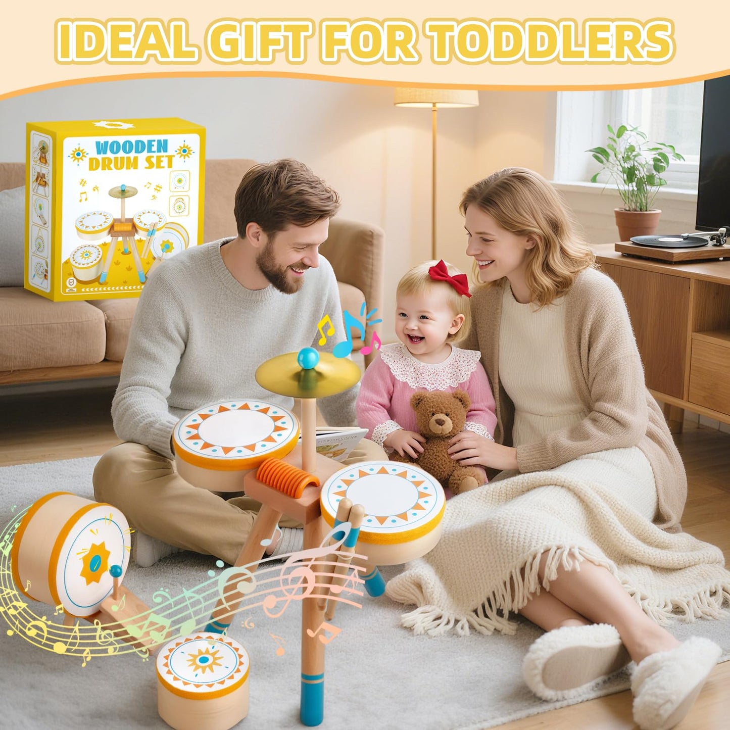 Toddlers Drum Set Toy for 3 Years Old ,Kids Wooden Jazz Drum for Toddlers Montessori Musical Instruments for Boy Girl, Percussion Set Baby Musical Toys, Birthday Gift for 3+ Kids Baby