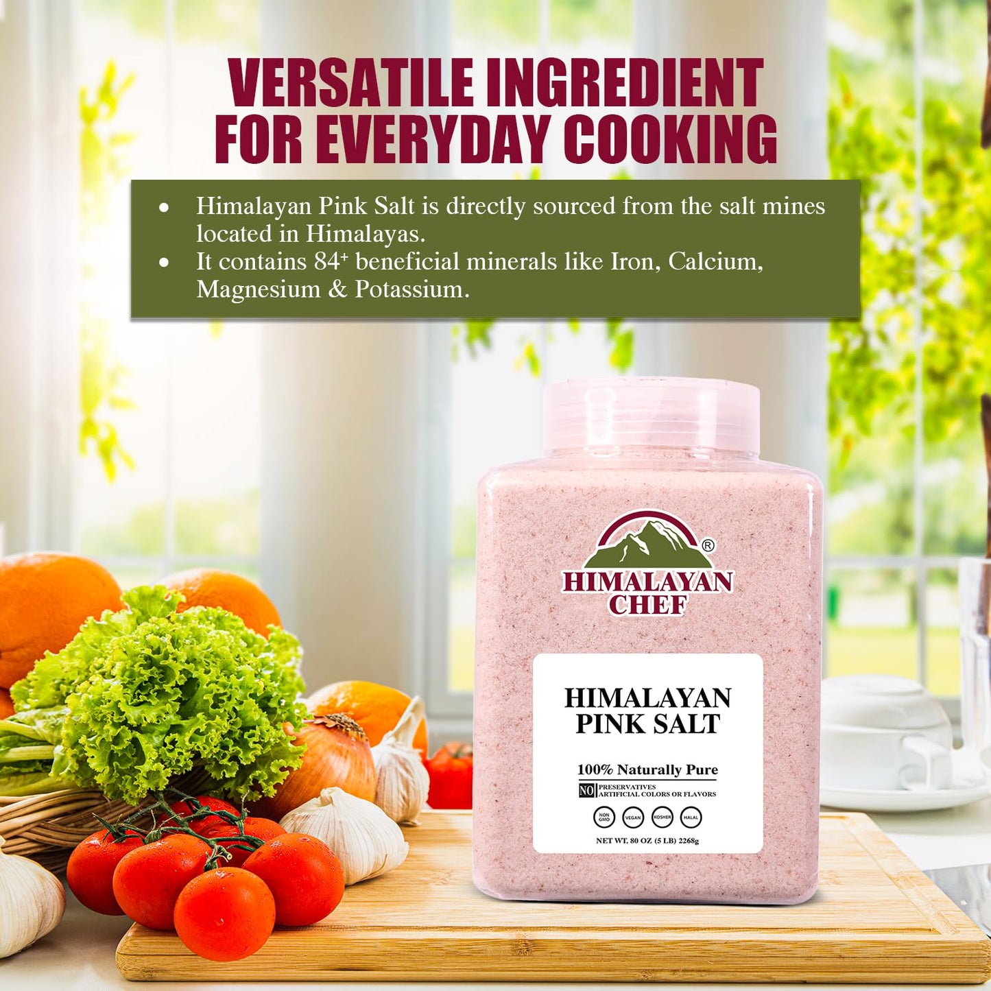 Himalayan Chef Pink Himalayan Salt Fine Grain, 5 lbs Plastic Jar - Pure, Natural, Kosher, Non-GMO, Mineral-Rich, for Cooking, Seasoning, Baking, Table Use