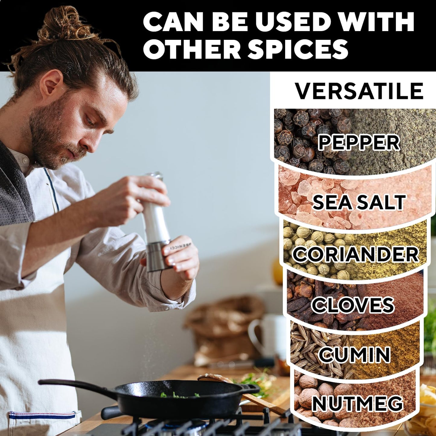 Premium Salt and Pepper Grinder Set of 2 - Two Refillable Stainless Steel Sea Salt & Spice Shakers with Adjustable Coarse Mills - Easy Clean Ceramic Grinders w/BONUS Silicone Funnel & Cleaning Brush