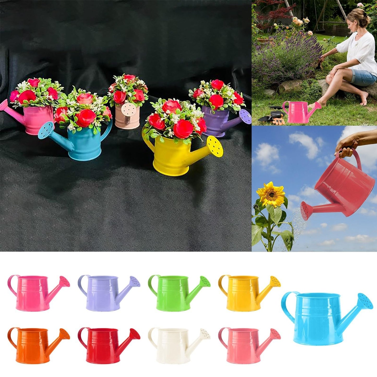Metal Watering Can Gardening Tool Accessories, 1L Garden Watering Bucket Sprinkler Iron Watering Can for Outdoor Indoor Plants Lawn Garden (White)
