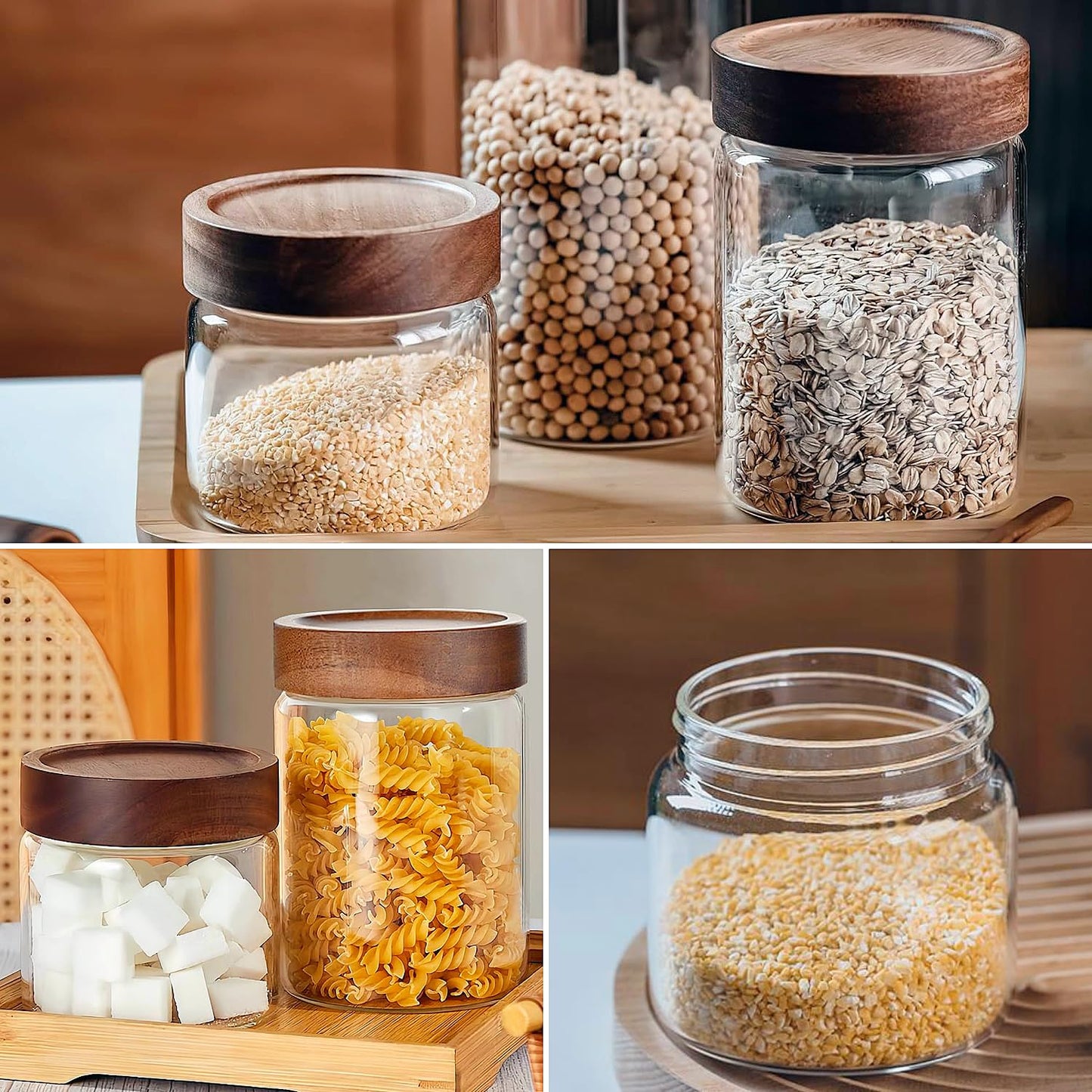 28 Fl oz/850 ml Glass Food Storage Jar, Premium Clear Glass Container Jar with Airtight Screw-on Wooden Lid, Kitchen Canisters for Coffee,Tea,Pasta,Cookies, Nuts,Spice,Candy,Overnight Oatmeal(Medium)