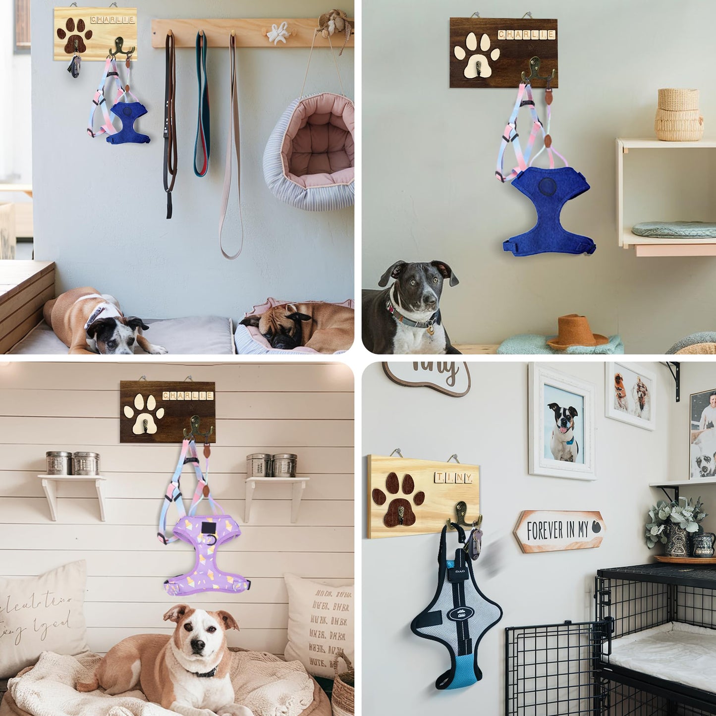 VINARTSVN 2 Pack Dog Leash Holder Wall Mount, Pet Harness Hanger with Scrabble Letters, Dog Collar Organizer for Entryway, Cat Leash Holder for Wall, Pet Loss Gifts, Keepsake, Home Decor PF218-CBW