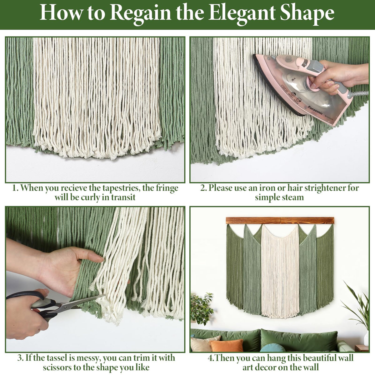Dremisland Macrame Wall Hanging Dip-Dyed Large Boho Wall Decor Yarn Tapestry Handmade Sage Green Woven Tapestry Wall Art Decorations for Bedroom Living Room Nursery Apartment 31.5"x29.5"