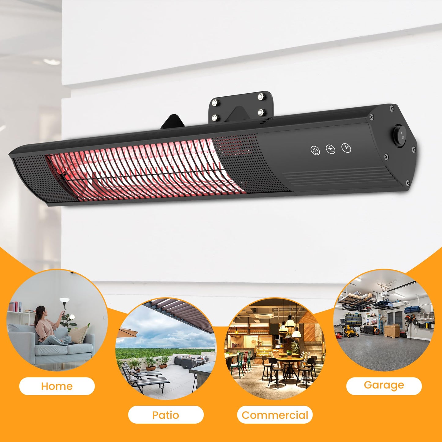 DWELLCOZY Heating Wall-Mounted Outdoor Heaters for Patio, Indoor/Outdoor Hanging Electric Patio Heater 1500W 3 Heat Modes with Remote, Infrared Outdoor Heater IP55 Resistant, 24H Timer, Black