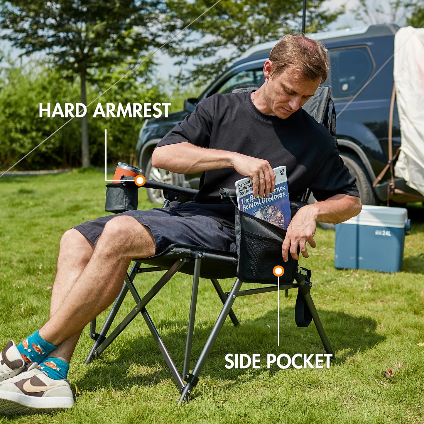 PORTAL Oversized Folding Camping Chair High Back Portable Lawn Chairs for Adults Outdoor Sports with Hard Armrest Cup Holder,Supports 400LBS Black
