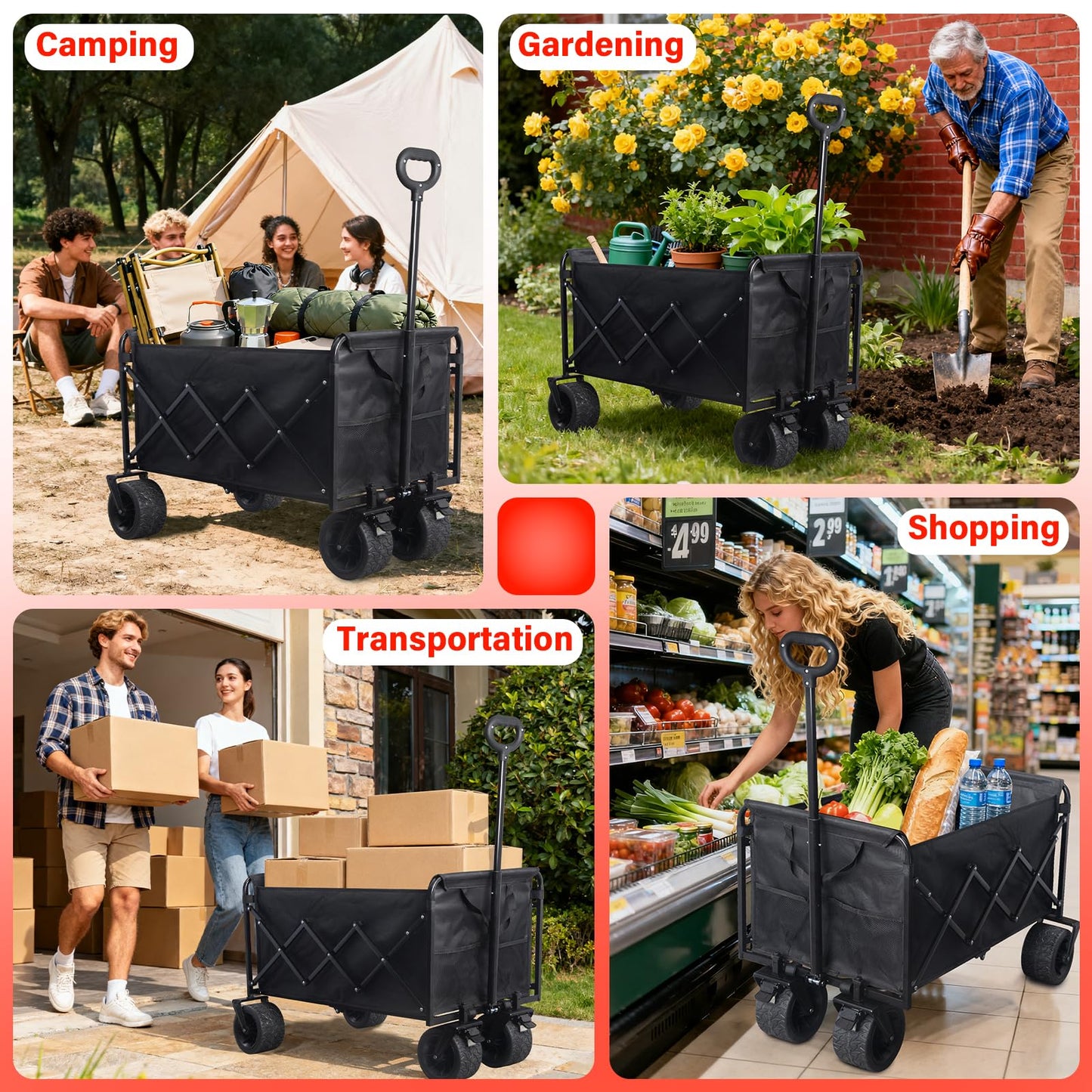 Collapsible Wagon Cart Foldable, 600LBS Beach Wagon with Big All-Terrain Wheels & Brakes, Heavy Duty Folding Utility Carts with Cup Holders for Garden, Camping, Sports, Groceries, Shopping