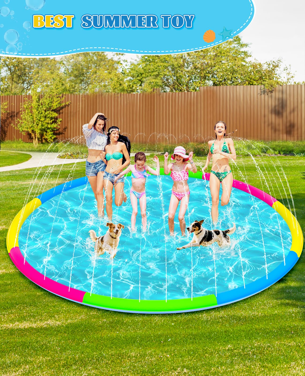 118" Extra Large Splash Pad - Non-Slip Splash Pad for Kids and Dogs Thickened Dog Pool with Sprinkler Outdoor Water Toys Giant Fountain Play Mat for Toddlers Children Adults Pets