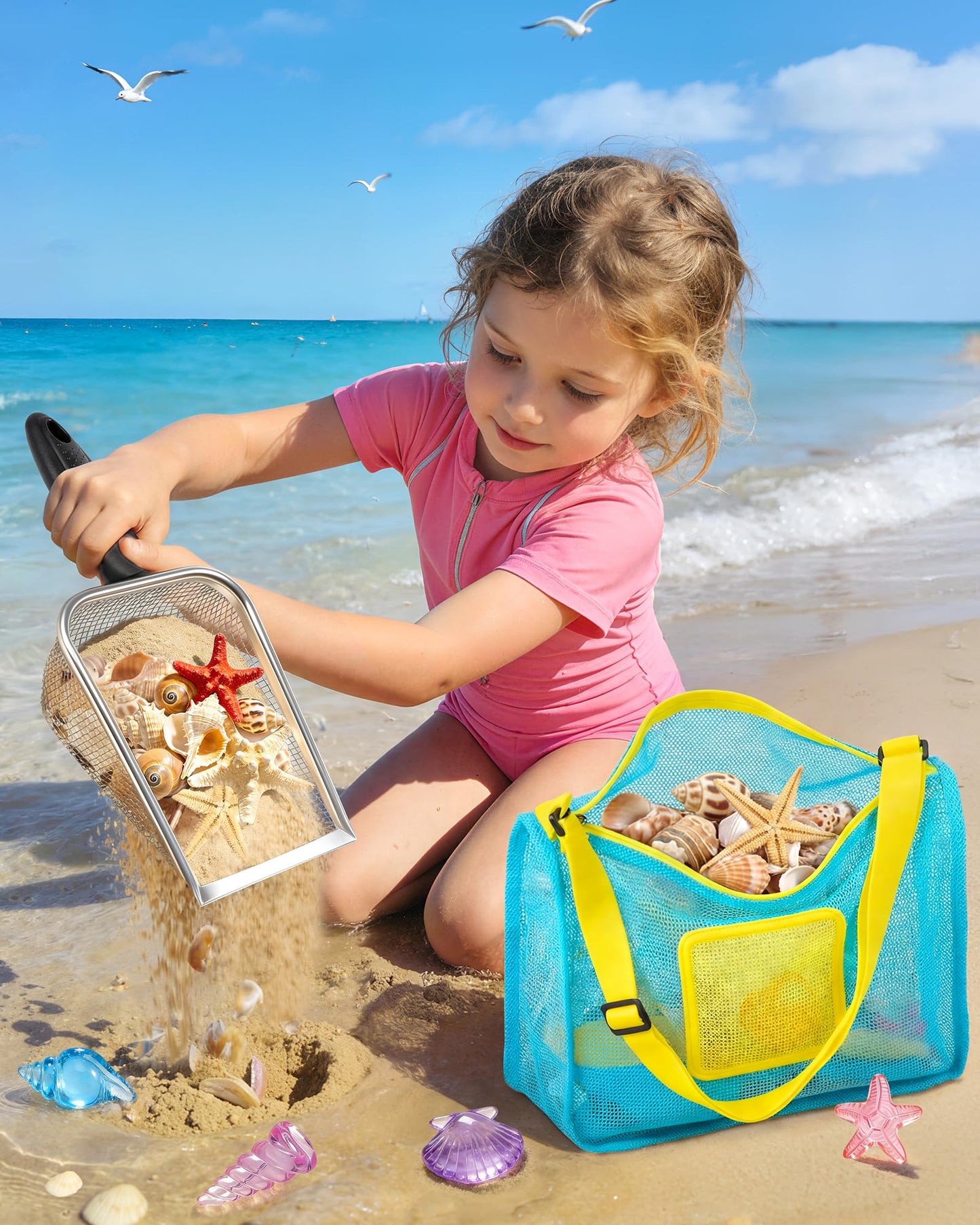 DISHIO Beach Toys for Kids, 25 Pcs Metal Sand Sifter & Collapsible Beach Buckets Set, Stainless Steel Sand Shovel, Sandcastle Building Kit with Mesh Bag, Travel Sand Toys for Toddlers Age 3-10