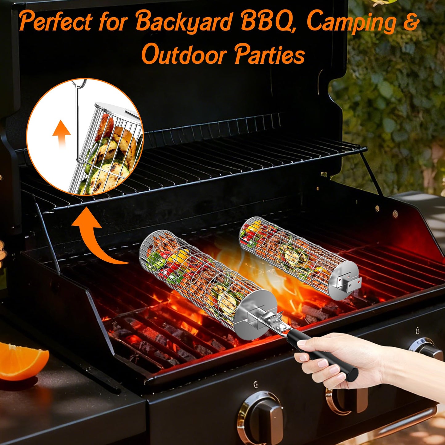 Rolling Grill Baskets for Outdoor Grill, 2PCS BBQ Grilling Basket with Removable Wooden Handle, Stainless Steel Camping Cooking Grill Accessories for Meat Fish Vegetable Seafood, Gifts for Men Dad Husband