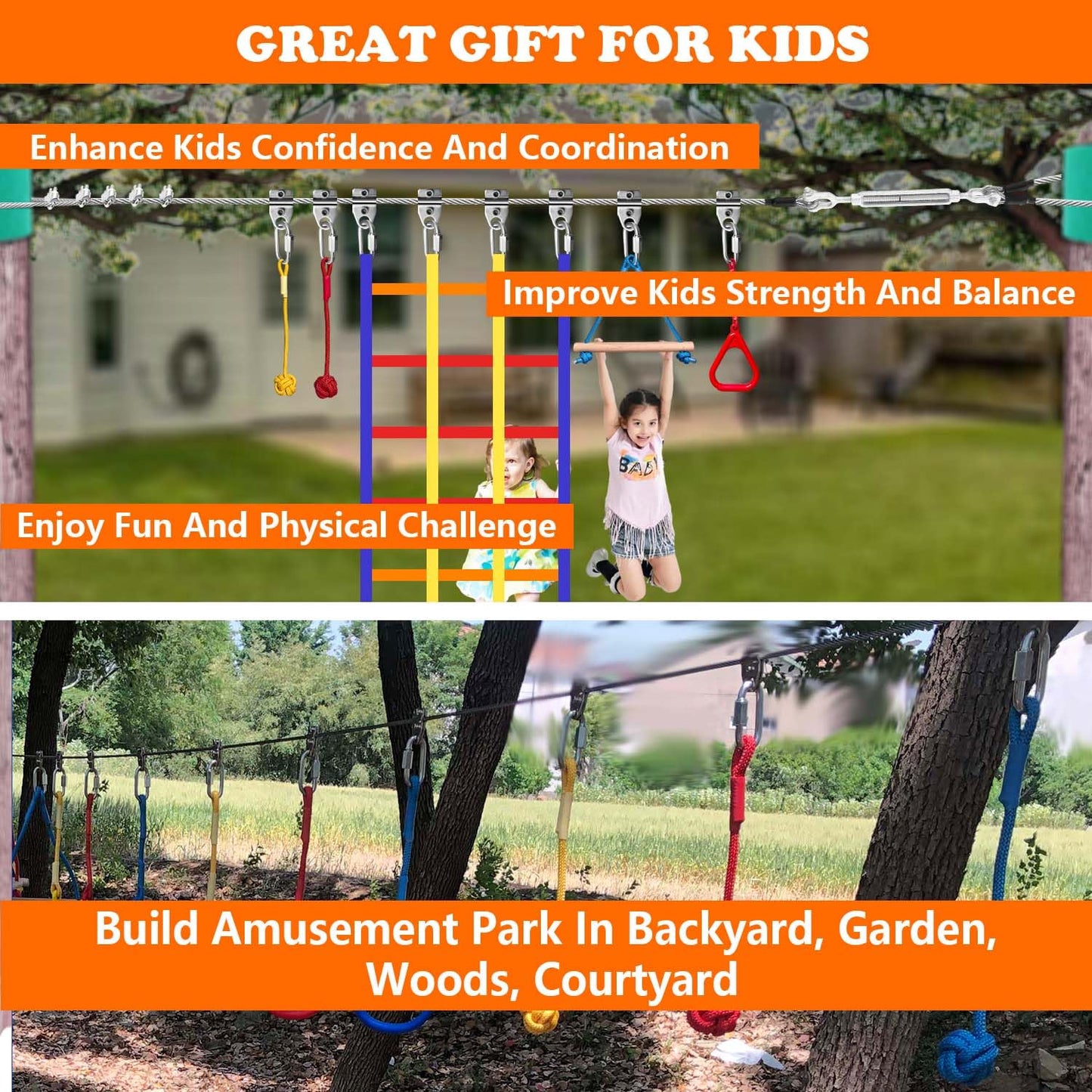 SZHTMZXC Ninja Warrior Obstacle Course for Kids Backyard Outdoor, 55ft Stainless Steel Main Cable, No Sagging, No Fraying, Weatherproof, 15 Ninja Training Accessories, Climbing Net, Swing, Wheel
