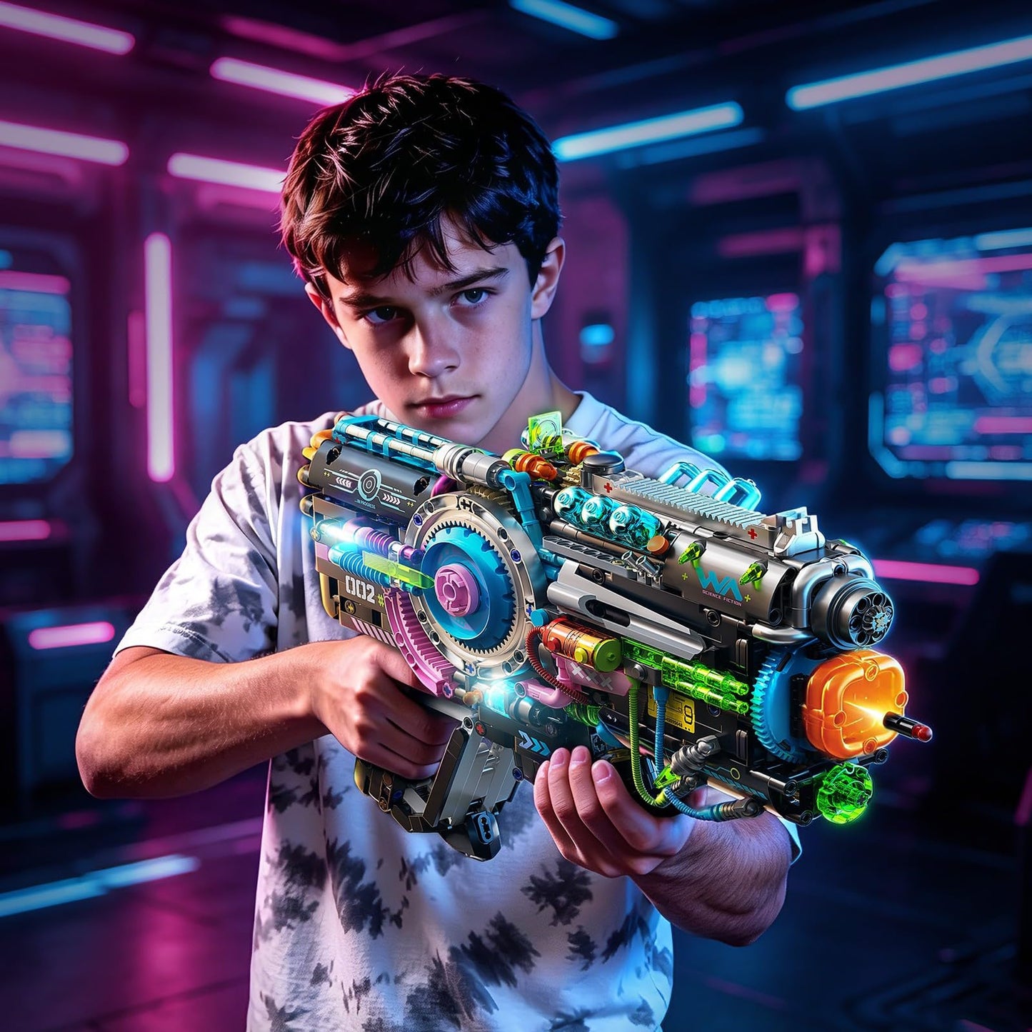QiqoPoyee Cyberpunk Gun Building Set for Adults, Futuristic Mechanical Construction Kit with LED Lights, Sci-Fi Collectible STEM Toy Model Kit Gift for Teens Ages 8–12 and 14+ (1457PCS)