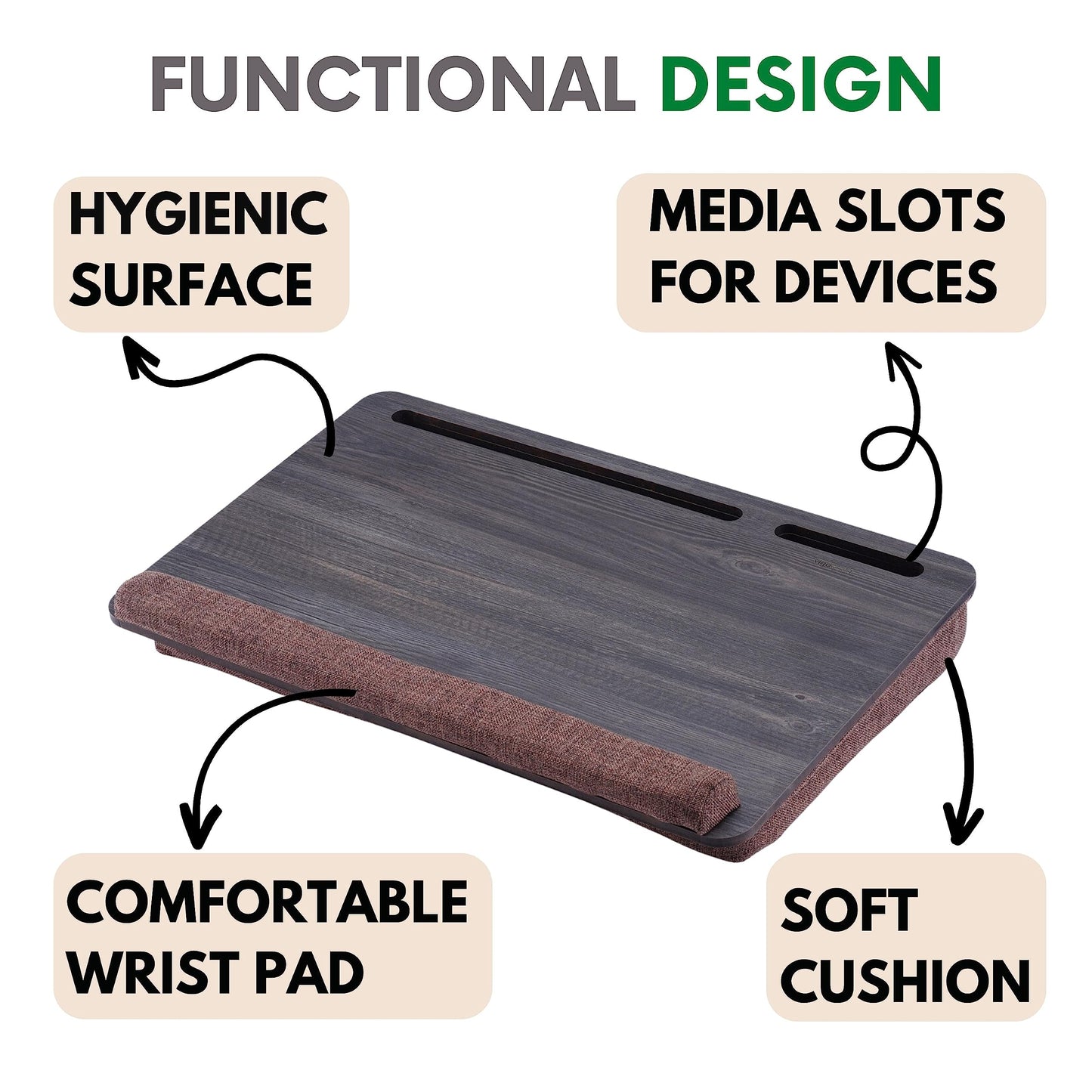 Vigo Wood Portable Laptop Desk β Lapdesk with Cushion, Laptop Stand for Bed, Lap Desk for Laptop and Lap Desk for Bed, Portable Desk for Lap top, Notebook Bed Tray (Black & Brown)