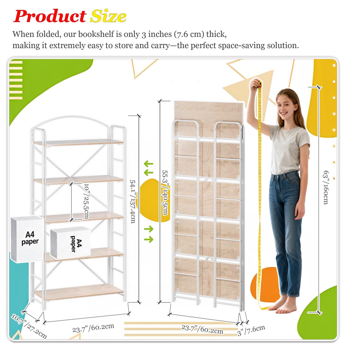 UDD Folding Bookshelf No Assembly, 54.1" H x 23.7" W, 5 Shelf Foldable Bookcase Industrial Collapsible Bookshelves, Open Storage Book Shelves for Small Spaces Home Office Living Room, Light Oak White