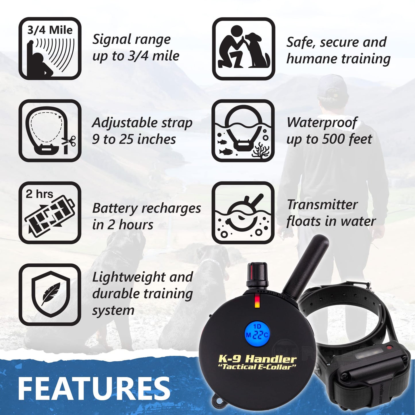 Educator K9-400 Tactical E Collar for Dog Training with Remote - 3/4 Mile Range, Waterproof, 100 Stimulation Levels, Tone or Vibration Mode, Night Light for Small, Medium & Large Dogs (33 inc)