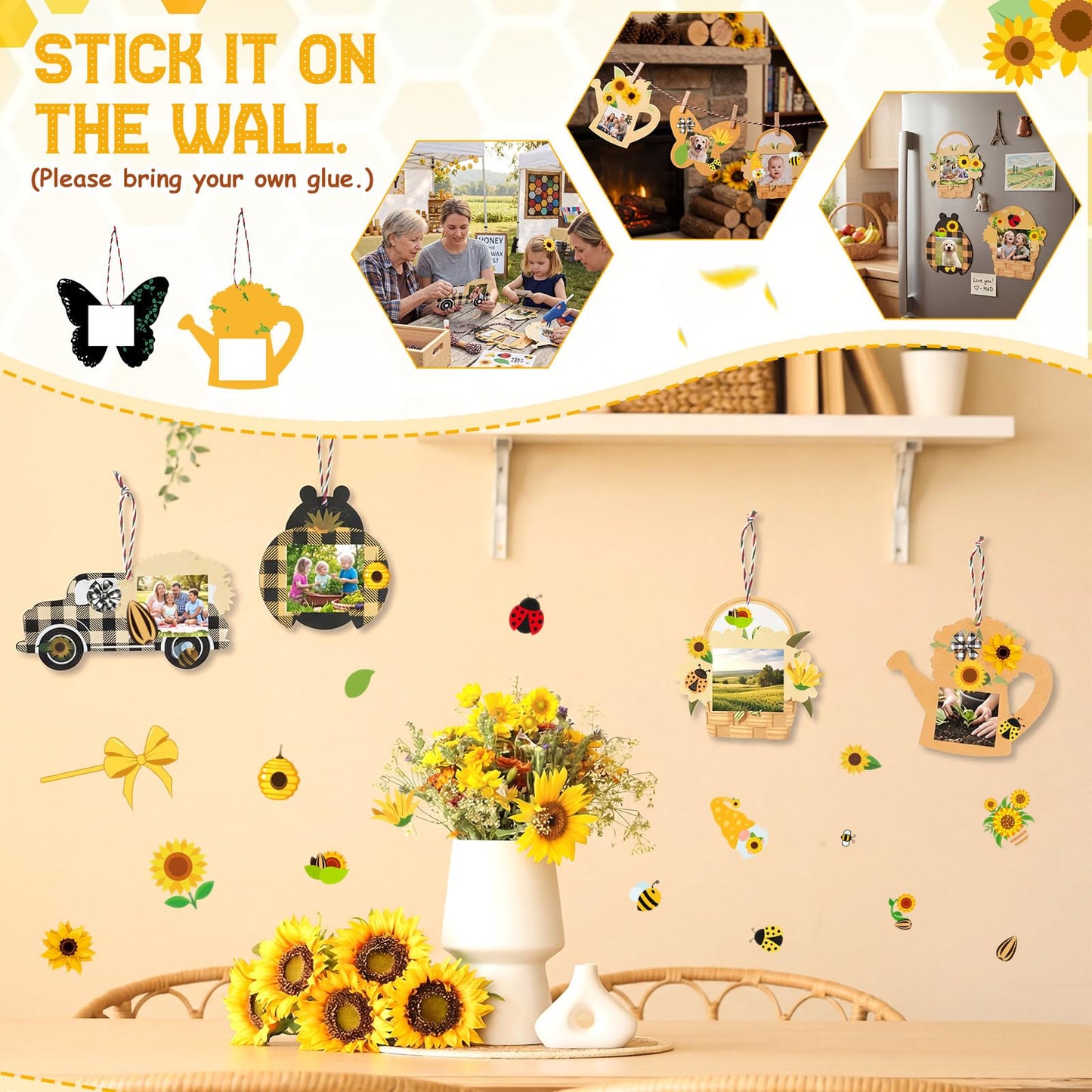 Cholemy 48pcs Sunflower Bee DIY Photo Frame Craft Kit for Kids, Hanging Ornament with Stickers, Summer Bee Ladybug Butterfly Truck Shapes for Party Favors, Classroom & Home Decor(Summer Style)