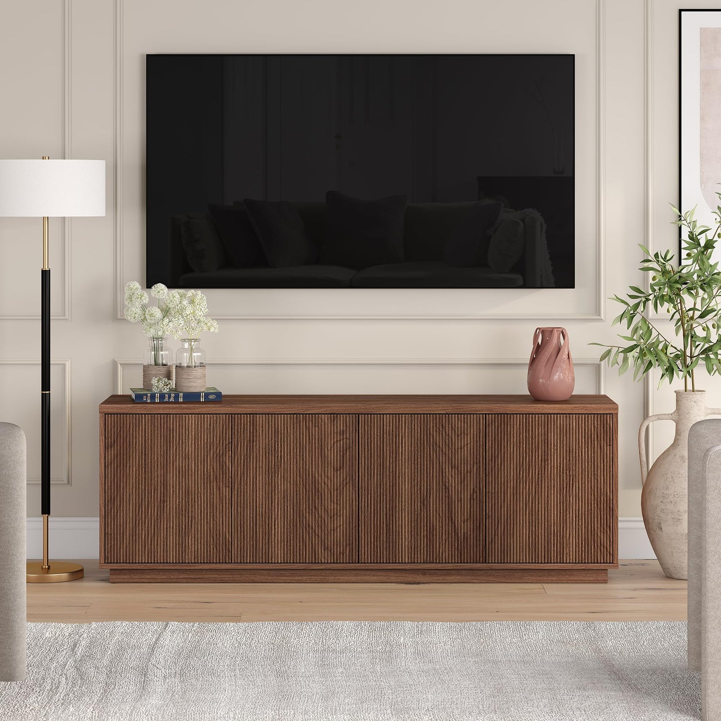 Henn&Hart Fluted TV Stand for TVs up to 75" with 2 Concealed Ribbed Storage Cabinets and Adjustable Shelves for Living Room, Family Room, or Office, Medium Walnut