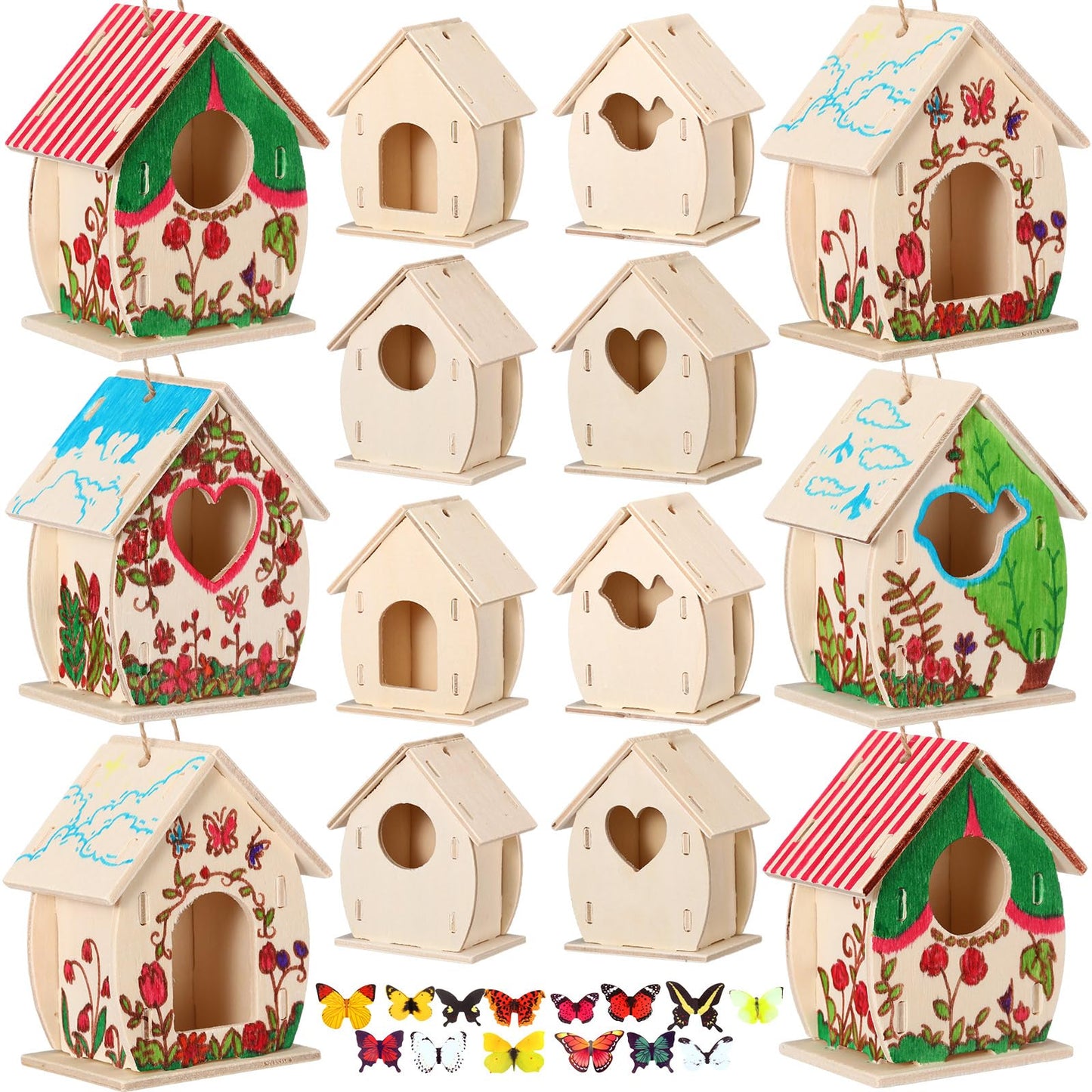 Outus 24 Pcs Wooden DIY Birdhouse Kits for Kids to Build, 4 Shapes Birdhouse Kit Wooden Unfinished with Butterfly Sticker for Boy Girl Arts Crafts(Cute)