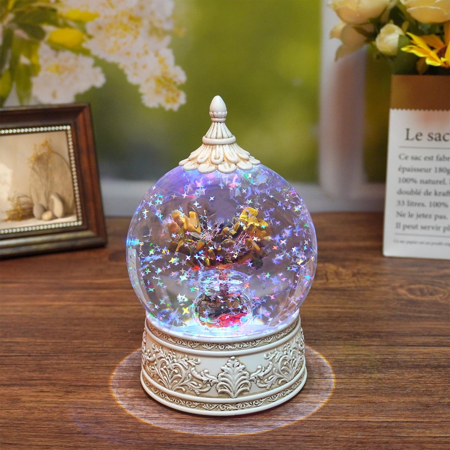 Tiger Eye Healing Crystal Tree Globe with Colorful Lights and Sparkling Glitter, Natural Gemstone Base, Spiritual Meditation, Positive Energy Good Luck, Home Decor, Birthday Gifts (Tiger Eye)
