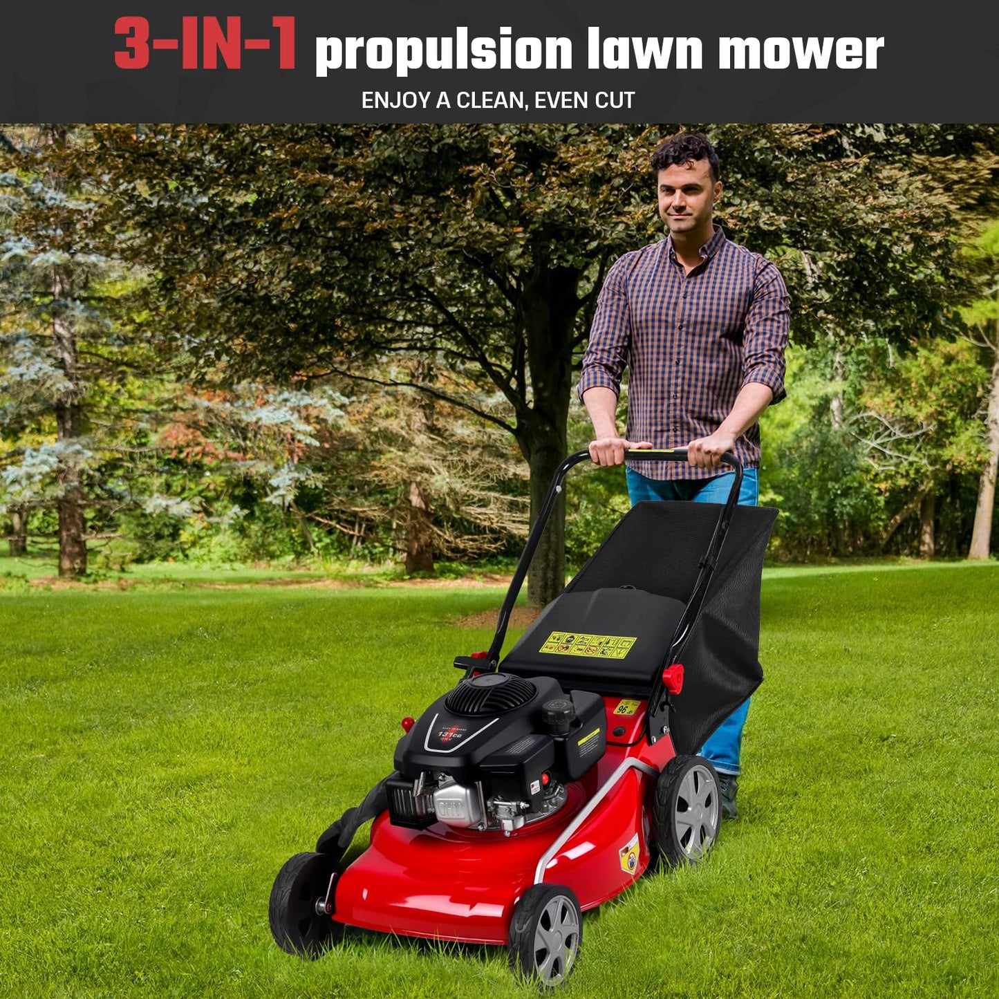 3 in 1 Gas Lawn Mower Self Propelled Self Propelled Gas Lawn Mower, 131cc Engine with Air Cooling, 50L Grass Tank, Foldable Design Red, Big Wheels & Easy Start