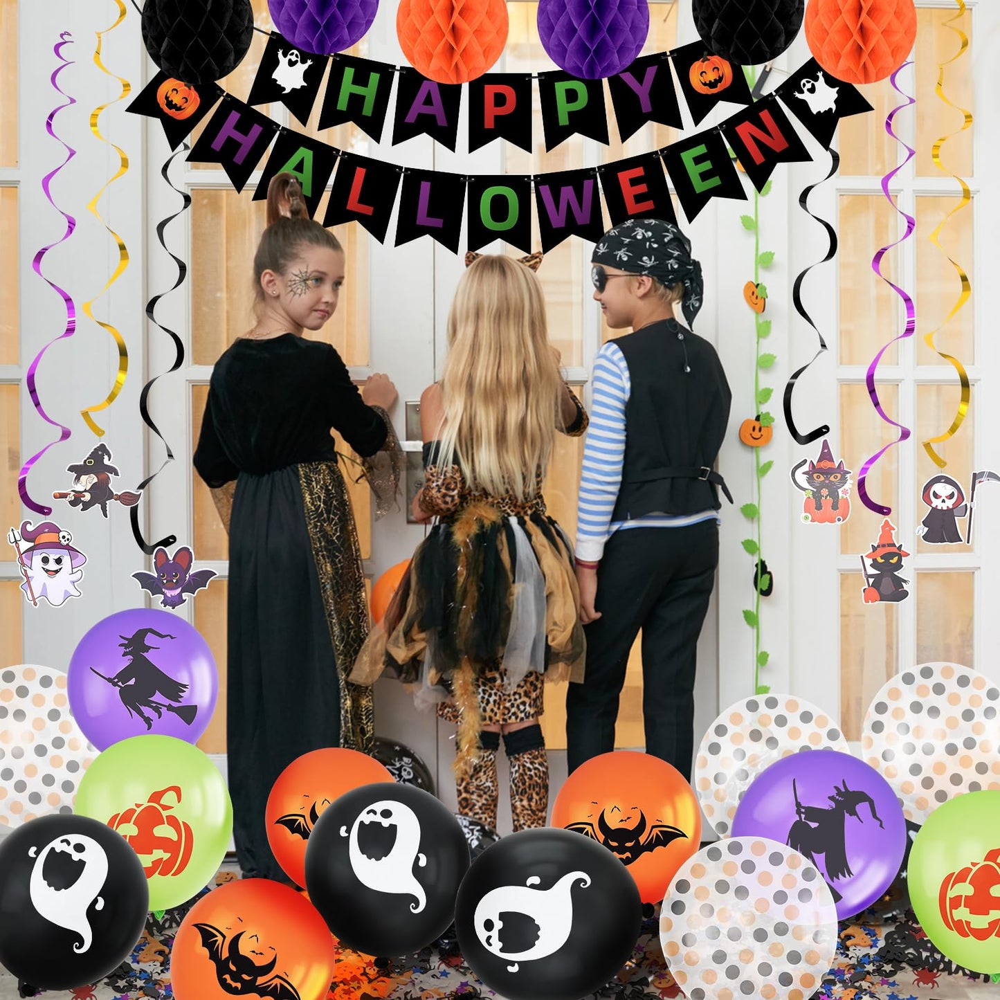 Happy Halloween Decorations Banner Supplies, Boo Classroom Hanging Cute Decoration Kit Dots Hanging Garland Honeycomb Ball Swirl Streamers for Halloween Party Decor Indoor Adult