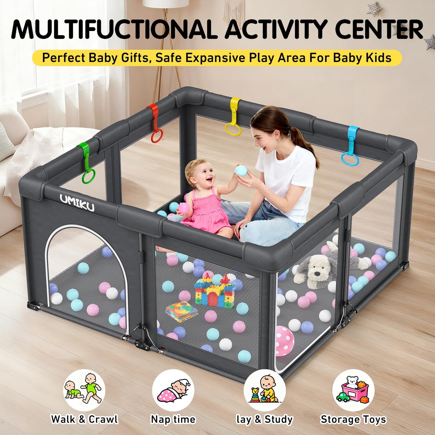 Baby Playpen Foldable Playpen for Babies and Toddlers, Large Playpens Portable Play Pen Play Yard for Kids Fence Indoor Outdoor Travel 4 Handlers 50 Balls Baby Gifts Essentials 50"X50" Dark Grey