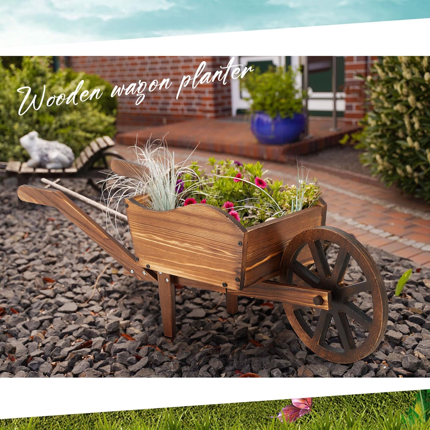 Beeveer Wooden Wagon Flower Planter Cart Garden Planter Box with Wagon Wheels Cart for Home Garden Outdoor Balcony Decorative, Patio Flowers Herbs Vegetables, Brown(Rustic)