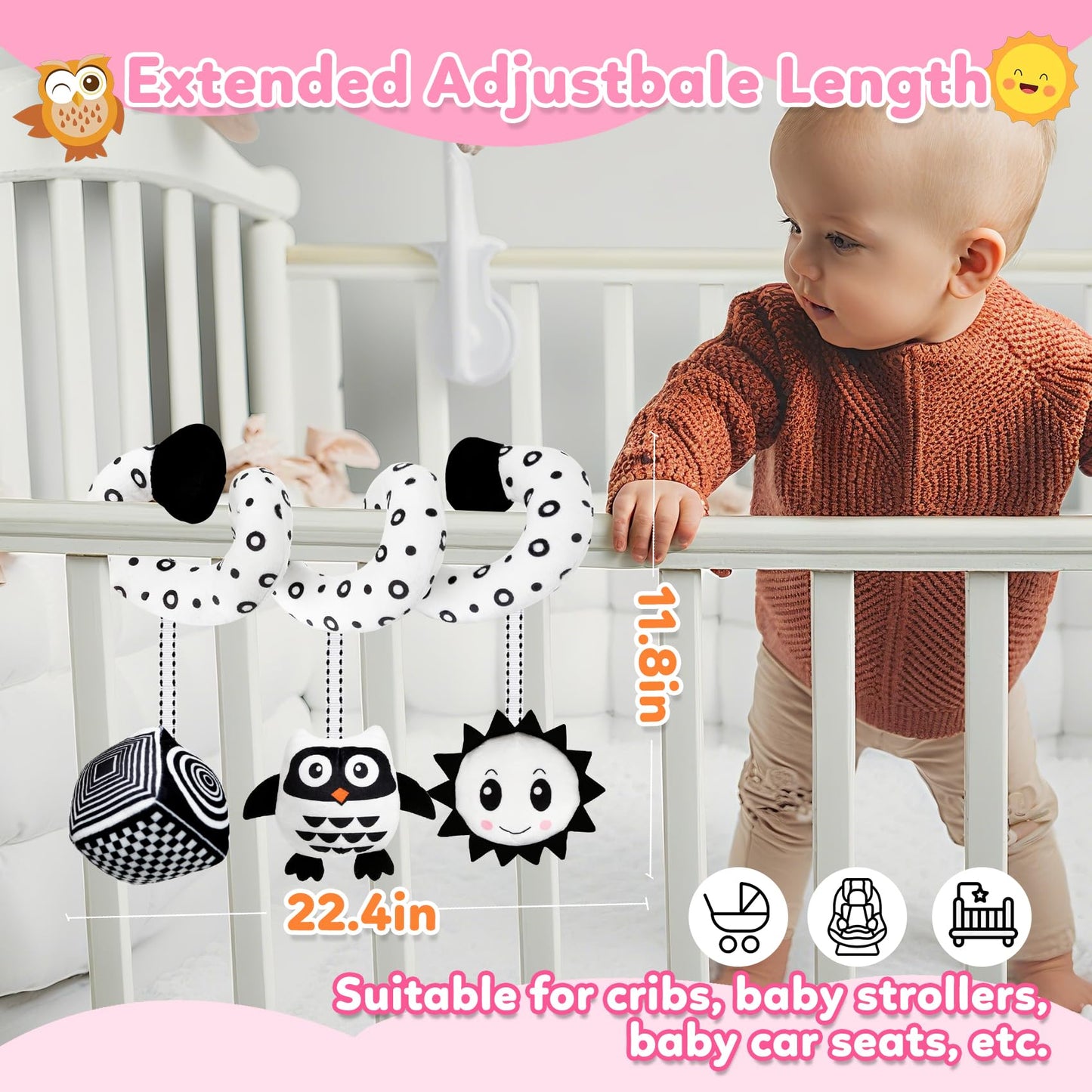 Baby Hanging Stroller and Car Seat Toys High Contrast Baby Toys for Newborn Black and White Sensory Plush Activity Toy for Babies 0-6 Months-OWL